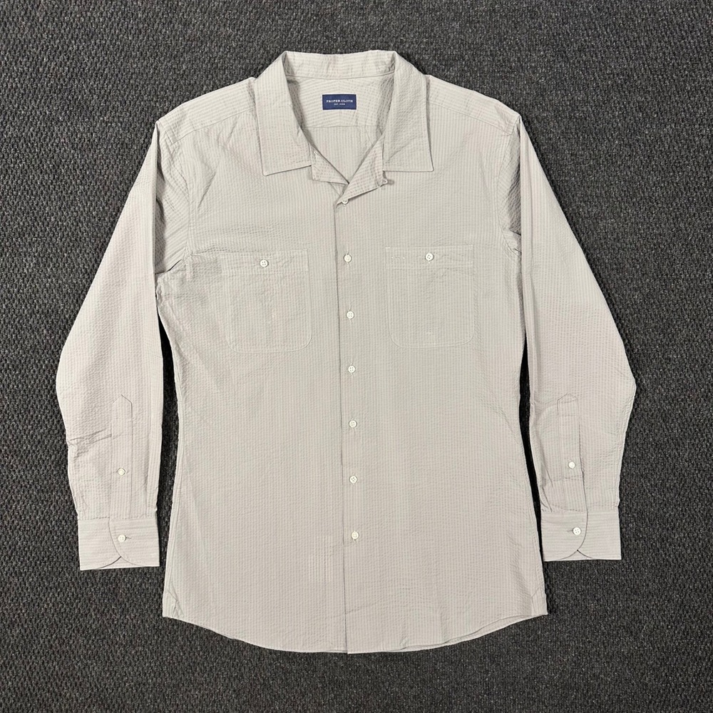 Proper Cloth Portuguese Seersucker Shirt Men M Grey Button Down Dual Pocket